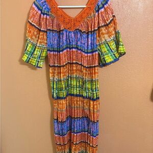 Orange and Blue Vintage Ruffled Smocked Maxi Sundress